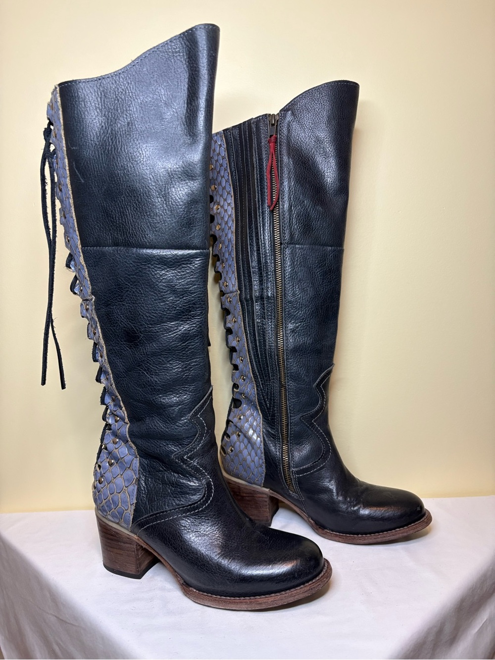Freebird by Steven Black Leather Over-the-Knee Boots with Blue Accent Size 8